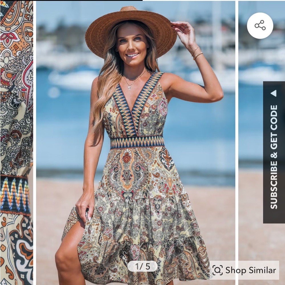 Boho Paisley V-Neck Summer Dress in Beige